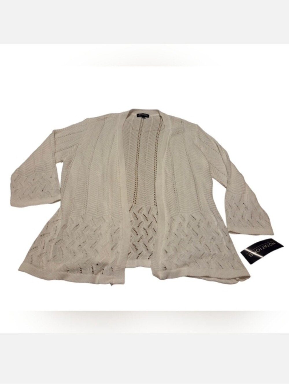 Women's XL Notations White Pointelle Knit Open Front Cardigan